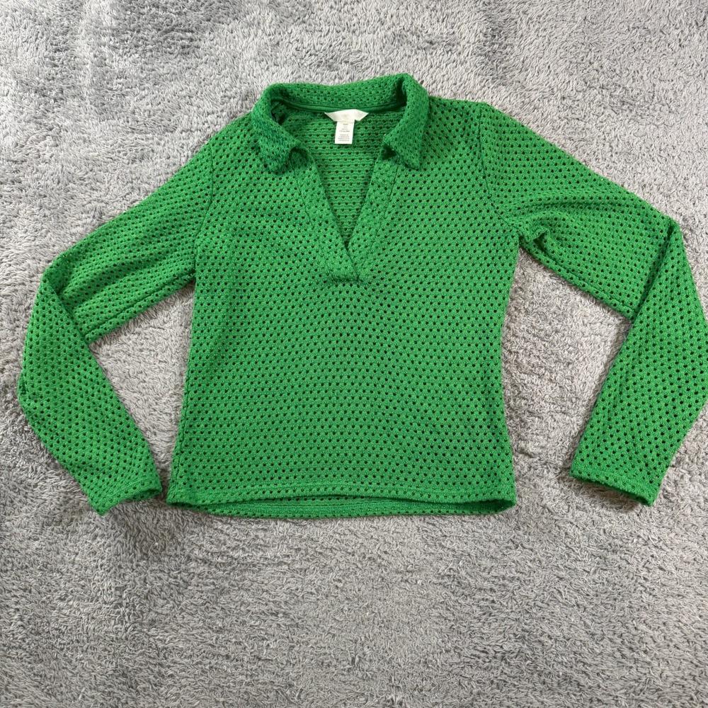 H&M Green Open Knit Long Sleeve Polo Top Size Small V-Neck Collar Crochet Style